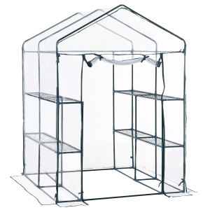 Outsunny 1.43Lx1.43Wx1.95H m Steel Frame Greenhouse, 2 Shelves-Deep Green
