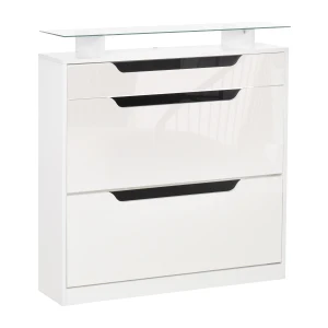 HOMCOM Shoe Cabinet High Gloss, 3 Drawer Storage, Tipping Bucket Design, Glass Top, 14 Pairs Capacity, White
