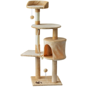PawHut 40Lx 40Wx114H cm Cat Tree House Scratching Post Ball, Beige