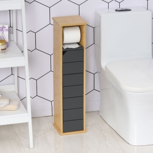 HOMCOM Bamboo Freestanding Tall Toilet Paper Cabinet Grey/Oak
