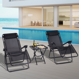 Outsunny 2 Pcs Zero-Gravity Chairs W/Side Table, Steel Frame, Texteline-Black