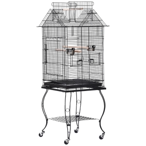 PawHut Metal Bird Cage Parrot Cage Cockatiel Birds Feeding Station w/ Wheels 51x51x135 cm-Black