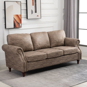 HOMCOM Studded Leathaire 3-Seater Sofa Brown