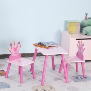 HOMCOM 3PCS Kids Wooden Table Chair with Crown Pattern Gift for Girls Toddlers