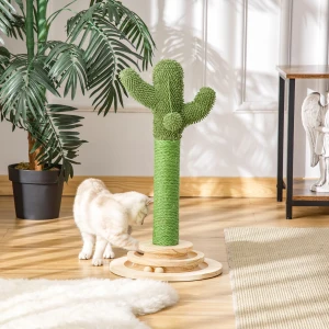 PawHut Cactus-Shaped Cat Tree Tower, Green, with Sisal Scratching Post, Hanging Ball, Funny Cat Ball Platform, 32 x 32 x 60cm
