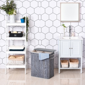 HOMCOM 100L 2-Compartment Bamboo Laundry Basket Grey