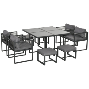 Outsunny 9PC Garden Dining Cube Set Aluminium Dining Table Armchairs Footstools Cushion