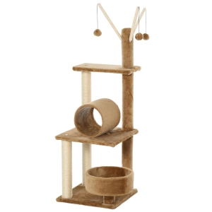 PawHut Cats Sisal Rope 3-Tier Scratching Tree w/ Dangle Toys Brown