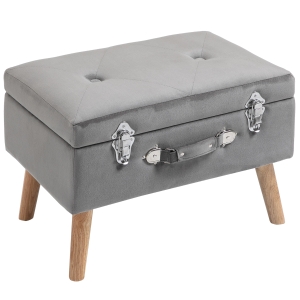 HOMCOM Storage Footstool Ottoma Faux Velvet Upholstered Ottoman Trunk w/ Wooden Legs Grey