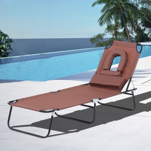 Outsunny Folding Sun Lounger W/ Pillow, Oxford Cloth, Steel Frame-Brown