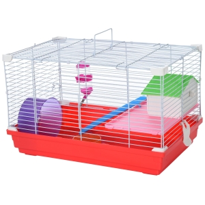 PawHut Portable Dwarf Hamster Metal Cage w/ Tunnels Exercise Wheel Water Bottle Dishes Red and White