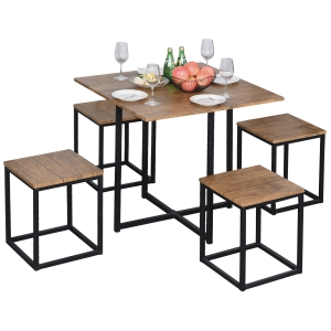 HOMCOM MDF Topped Steel 5-Piece Dining Set Dining Table with 4 Stools Black/Brown