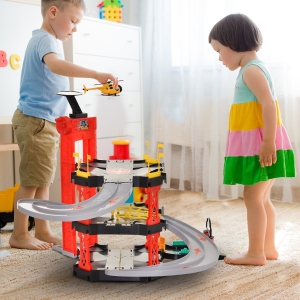 HOMCOM Kids 3-Level PP Parking Lot Race Playset Red/Black