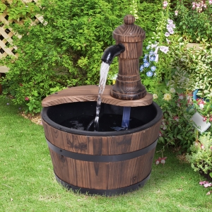 Outsunny Fir Wood Barrel Pump Fountain W/ Flower Planter, Φ27x37H cm