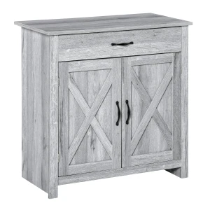 HOMCOM Sideboard with Barn Door, Farmhouse Style Coffee Bar, Storage Cabinet, Grey Wood Effect