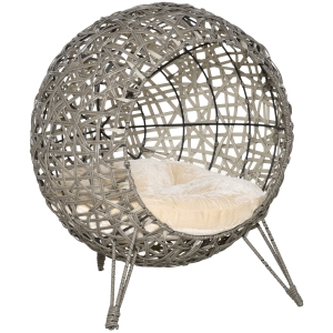 PawHut Rattan Wicker Elevated Cat House Kitten Pussy Basket Pet Bed w/ Cushion Smoky Grey