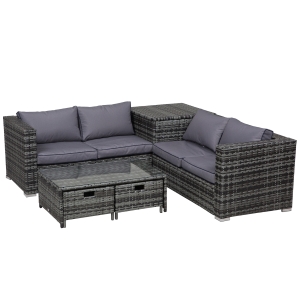 Outsunny 4 pcs Rattan Furniture Sofa Storage Table Set w/ 2 Drawers Corner Table Grey