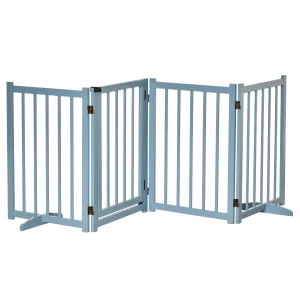 PawHut Pet Gate for Small and Medium Dogs, Freestanding Wooden Foldable Dog Safety Barrier with 4 Panels, 2 Support Feet for Doorways, Stairs, Blue