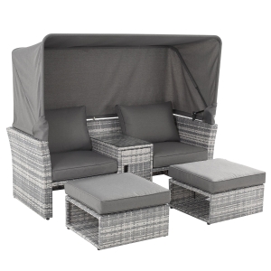 Outsunny 3 PC Outdoor Rattan Daybed Sofa Footstool Coffee Table Set w/ Canopy, Cushion