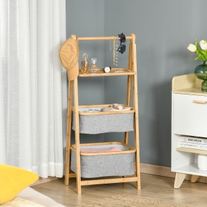 HOMCOM Bamboo Ladder Storage Shelf 3-Tier Foldable Lightweight Organizer Shelves