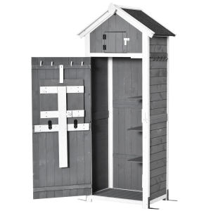 Outsunny Garden Wood Storage Shed with Workstation, Hooks, Asphalt Roof and Ground Nails
