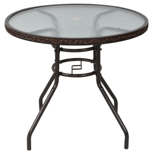 Outsunny Patio Rattan Round Table All Weather Dining Table w/ Umbrella Hole & Glass