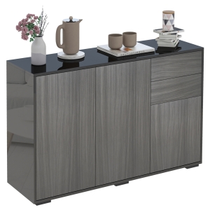 HOMCOM Push-Open Cabinet with 2 Drawer 2 Door Cabinet for Home Office Black Grey Oak