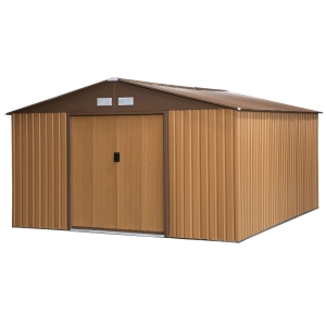 Outsunny 12.5 x 11.1ft Steel Sliding Door Storage Shed Garden Shed - Brown/Yellow