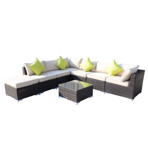 Outsunny 8 PCs Rattan Garden Furniture Set Rattan Sofa w/ Coffee Table-Brown