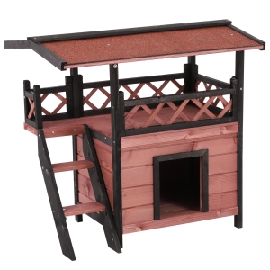 PawHut Wood Cat House Outdoor Luxury Wooden Room View Patio Weatherproof Shelter Puppy Garden Scratch Post Large Kennel Crate
