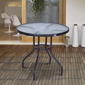 Outsunny Round Outdoor Dining Table, Tempered Glass Top Steel W/Parasol Hole, Ф80x72Hcm-Black
