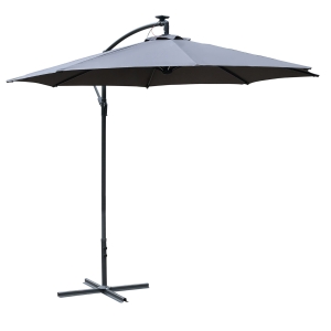 Outsunny 2.95m LED Patio Banana Umbrella Cantilever Parasol w/ Crank Cross Base
