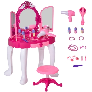 HOMCOM Kids Pretend Play Plastic Vanity Table Set w/ Sound Effect Purple/Red
