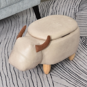 HOMCOM Storage Footstool Ottoman PU Leather Upholstered Cow Stool Ivory