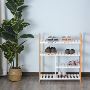 HOMCOM MDF 4-Tier Slatted Shoe Rack White/Oak