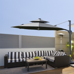 Outsunny 3m Cantilever Parasol w/ Solar Lights Power Bank Base 360° Spin Dark Grey