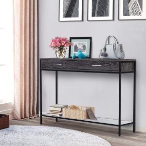 HOMCOM Industrial Console Table Narrow Worktop w/ Bottom Shelf & Two Drawers Grey Wood