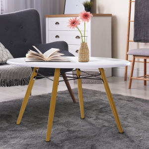 HOMCOM Round Coffee Table, Φ80x45H cm-White/Natural Wood/Black Colour