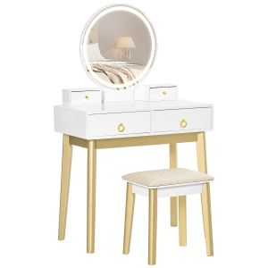 HOMCOM Vanity Table Set with Mirror & Light, Dressing Desk w/ Drawers Stool White