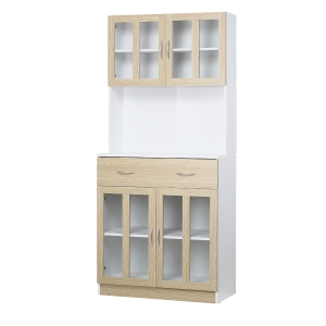 HOMCOM 180cm Kitchen Cabinet Freestanding Cupboard with Glass Door, Drawer and Shelves