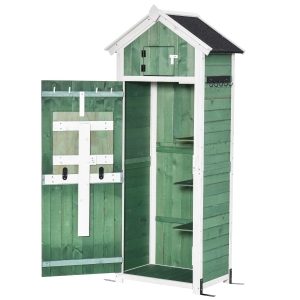 Outsunny Garden Wood Storage Shed with Workstation, Hooks, Asphalt Roof and Ground Nails