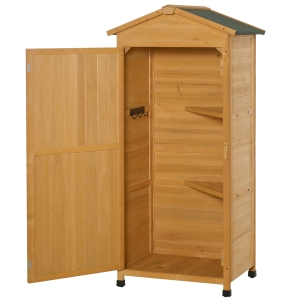 Outsunny Wooden Garden Cabinet 3-Tier Storage Shed Lockable Organizer w/ Hooks Foot Pad