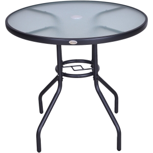 Outsunny Round Outdoor Dining Table, Tempered Glass Top Steel W/Parasol Hole, Ф80x72Hcm-Black