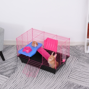 PawHut Dwarf Hamster Chinchillas Metal Cage w/ Tunnels Water Bottle Food Dish Pink