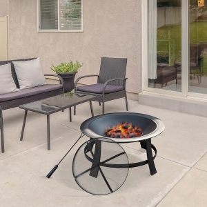Outsunny 30” Round Metal Fire Pit With Cover-Black