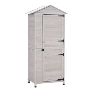 Outsunny Wooden Garden Cabinet 4-Tier Storage Shed w/ Hook Foot Pad Light Grey
