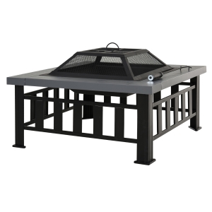 Outsunny Square Metal Fire Pit With Waterproof Cover-Black/Grey