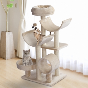 PawHut 50Lx40Wx105H cm Cats 6-Tier Scratch Tree w/ Dangle Toy Beige