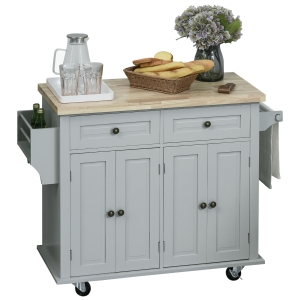 HOMCOM Rolling Kitchen Microwave Island with Flexible Storage Shelf Unit and Drawers