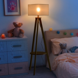 HOMCOM Free Standing Floor Lamp, 50Lx50Wx154H cm-Beige/Natural Wood Colour